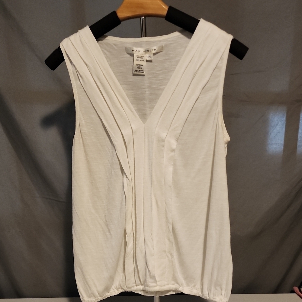 Max Studio White Pleated Tank Top